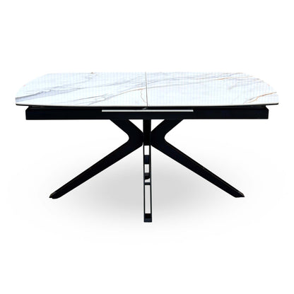 'Jose' Fiorentino Marble Ceramic Top 160cm Pop up Extending Dining Table with Pebble Beige Fabric Set of 4 Swivel Chairs