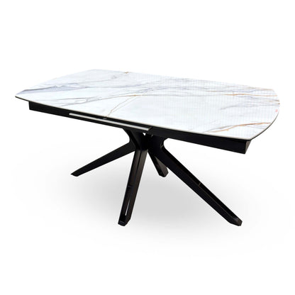'Jose' Fiorentino Marble Ceramic Top 160cm Pop up Extending Dining Table with Pebble Beige Fabric Set of 4 Swivel Chairs
