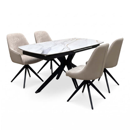 Jose Fiorentino marble ceramic extending dining table set with four chairs, angled from the left