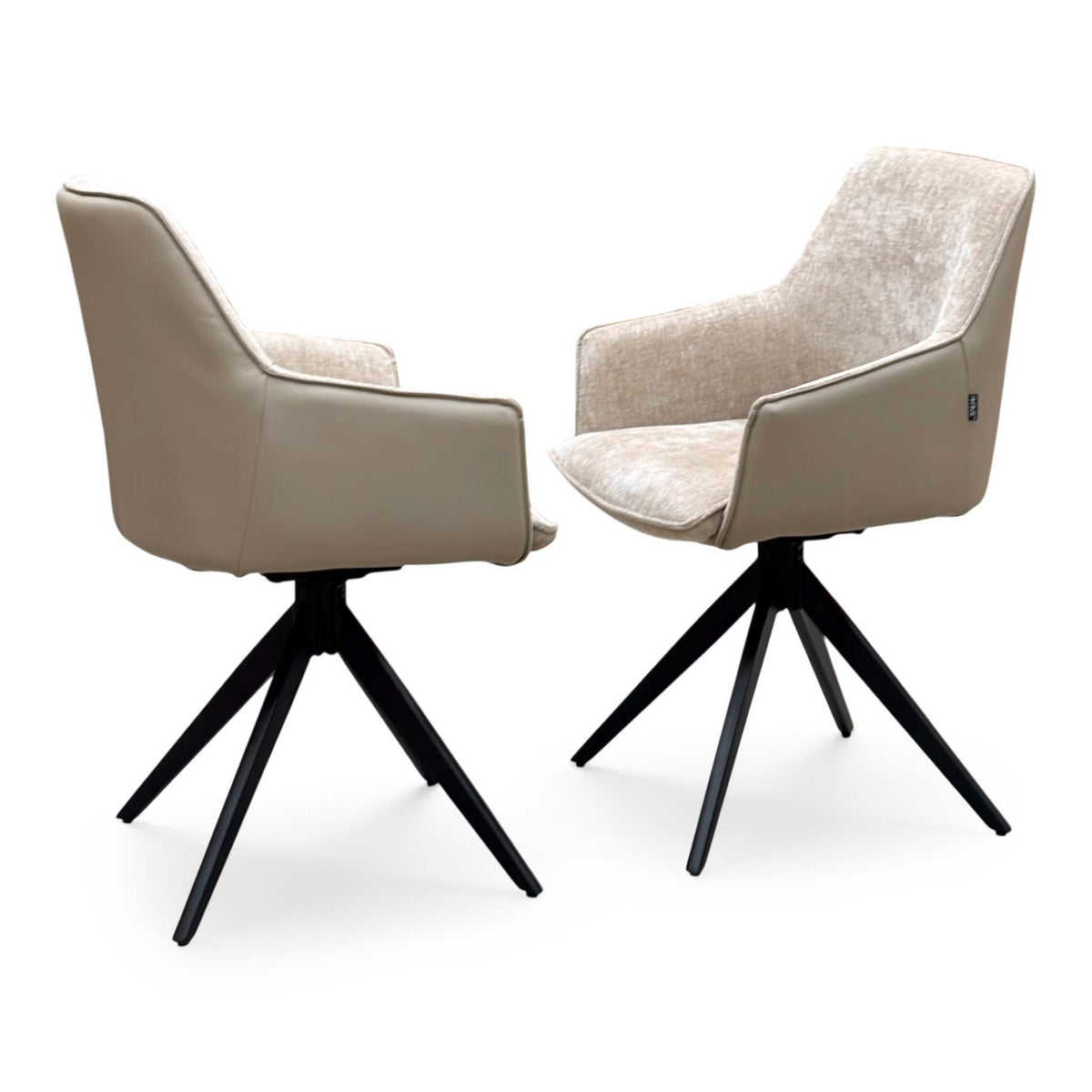 The pair of Jose arm chairs from the set, beige faux leather with fabric seat and back on black legs