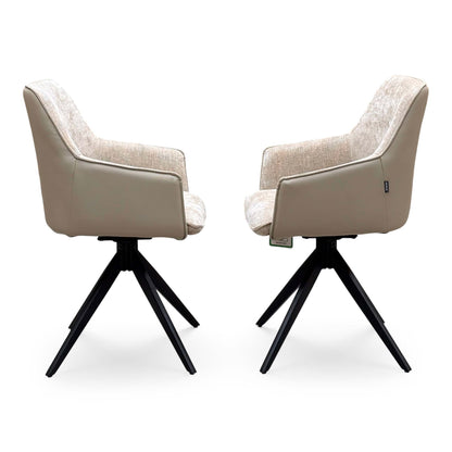 Side view of the pair of Jose arm chairs from the set with fabric backs and beige faux leather outer