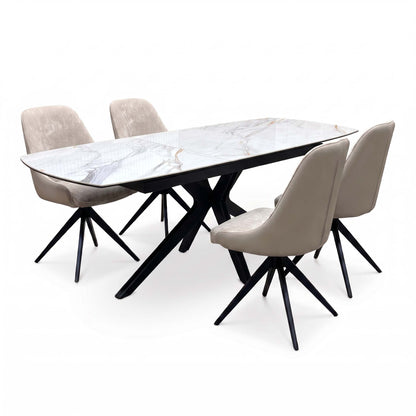 Jose Fiorentino marble ceramic dining table set angled from the left showing the fabric chair backs