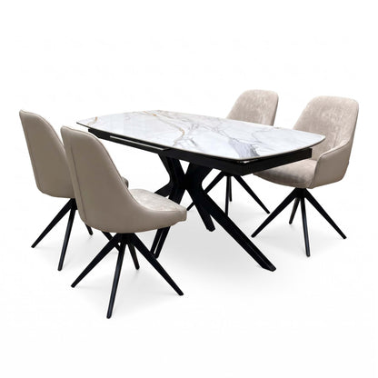 Jose Fiorentino marble ceramic dining table set angled from the right with the arm chairs behind