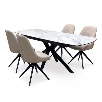 Jose Fiorentino marble ceramic extending dining table with 2 arm chairs and 2 armless chairs, angled cut-out view