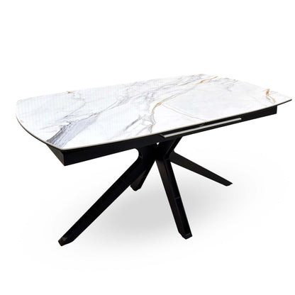 Angled cut-out of the Jose Fiorentino marble ceramic top 160cm dining table with black spider base