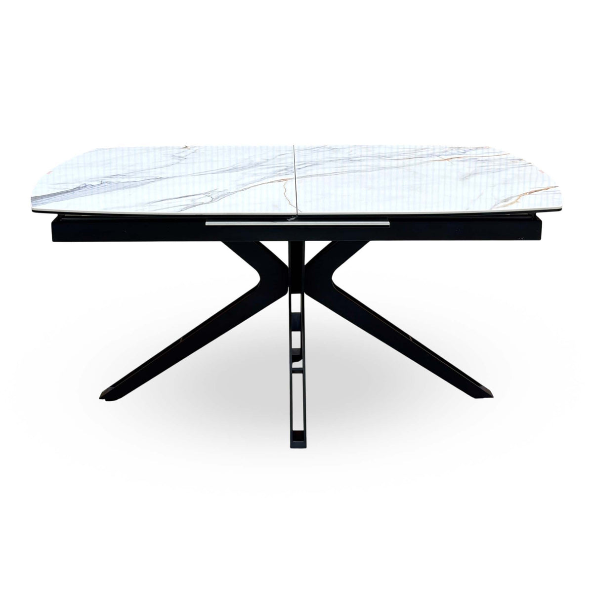 Front view of the Jose Fiorentino marble ceramic 160cm dining table showing the black angular star base