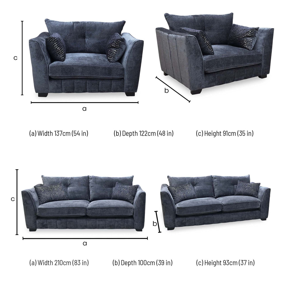 Allure sofa set dimensions: snuggler 137cm wide, 122cm deep, 91cm high; 3 seater 210cm wide, 100cm deep, 93cm high