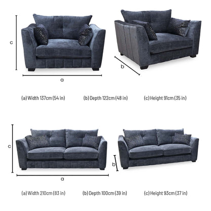 Allure sofa set dimensions: snuggler 137cm wide, 122cm deep, 91cm high; 3 seater 210cm wide, 100cm deep, 93cm high