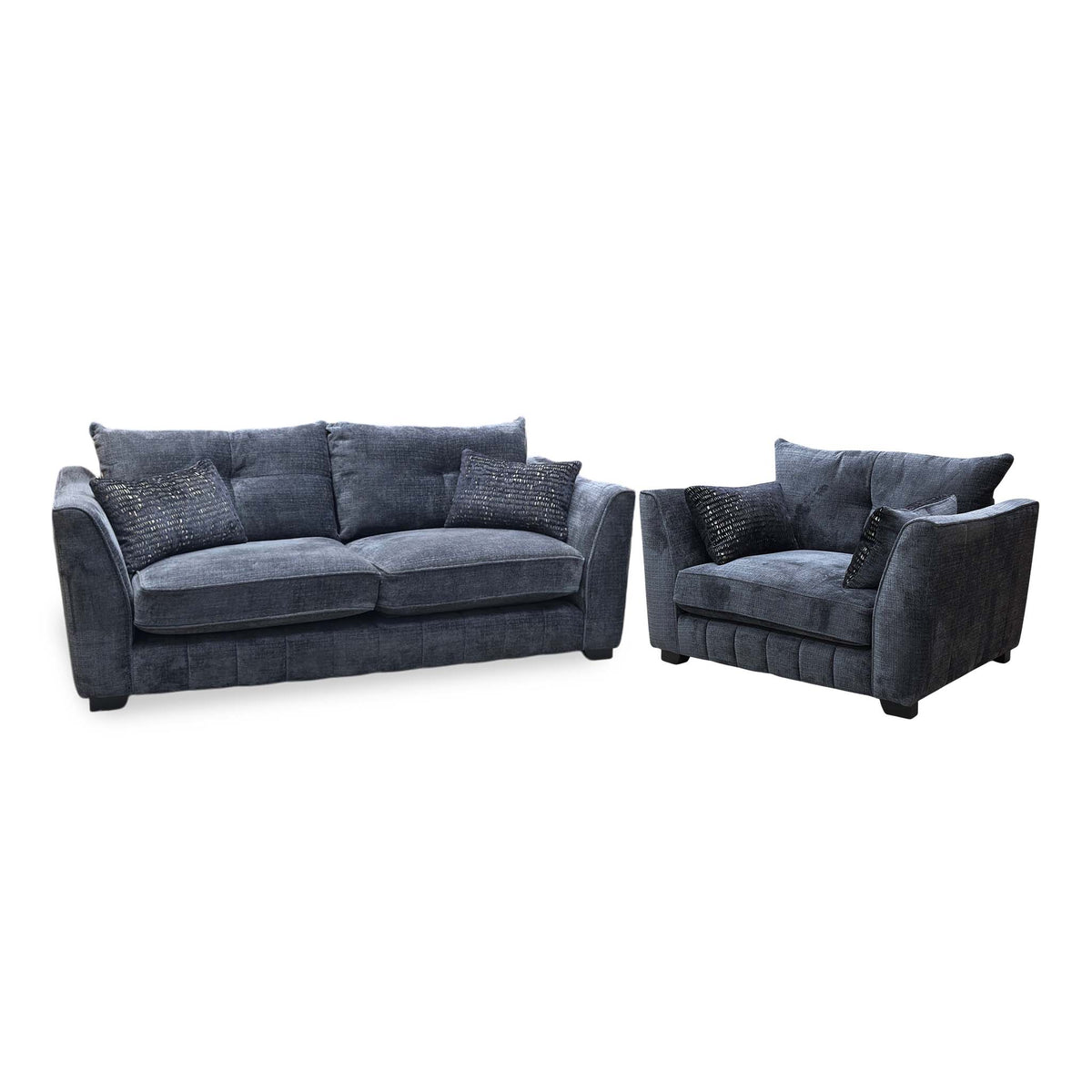 Allure indigo fabric classic back 3 seater sofa and snuggler chair, angled view with patterned scatter cushions