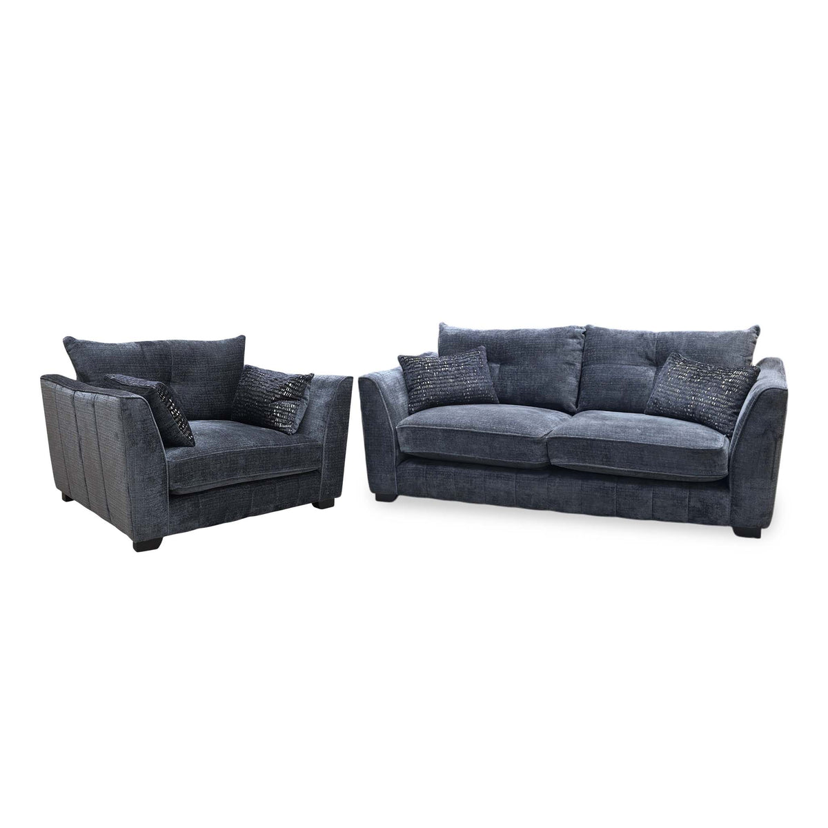 Allure indigo fabric snuggler chair and 3 seater sofa angled from the left showing the sloped arms