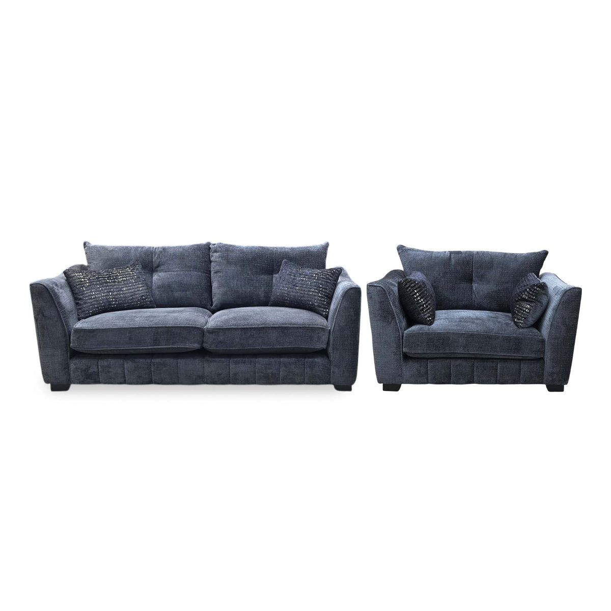 Front view of the Allure indigo fabric classic back 3 seater sofa and snuggler chair with scatter cushions