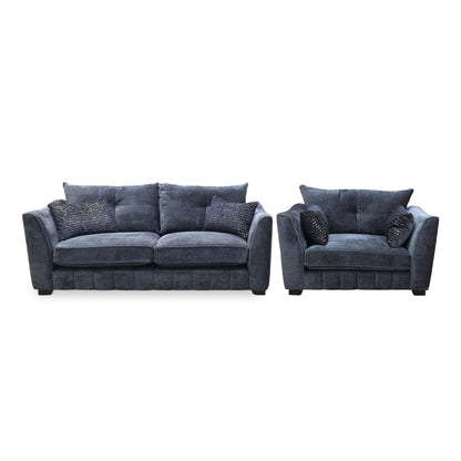 Front view of the Allure indigo fabric classic back 3 seater sofa and snuggler chair with scatter cushions