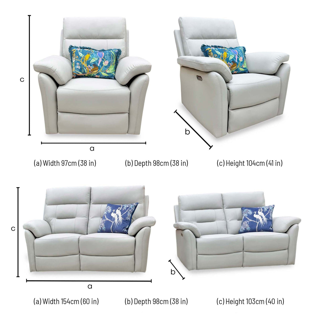Sally light grey leather set dimensions: armchair 97 x 98 x 104cm, 2 seater sofa 154 x 98 x 103cm (width, depth, height)