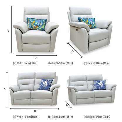 Sally light grey leather set dimensions: armchair 97 x 98 x 104cm, 2 seater sofa 154 x 98 x 103cm (width, depth, height)