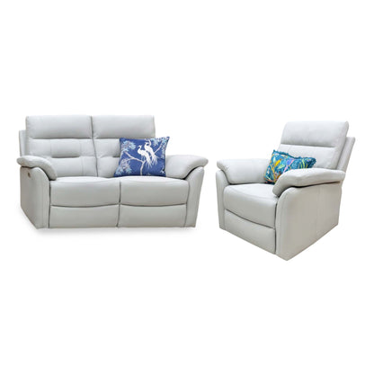 Sally light grey leather 2 seater sofa and recliner armchair upright, angled view with blue scatter cushions