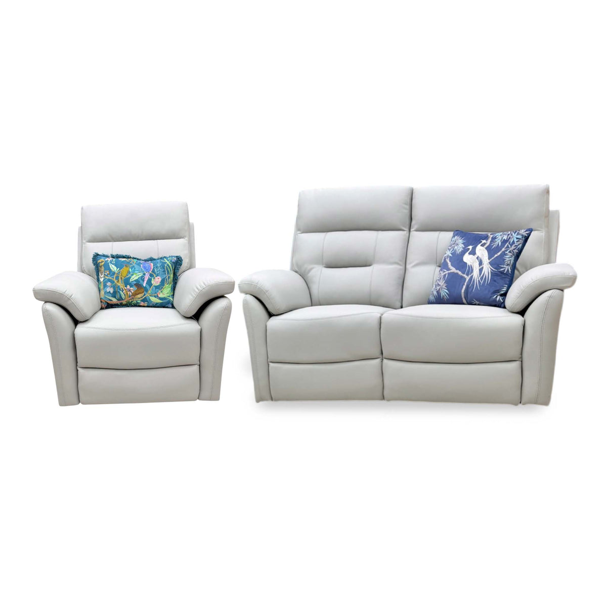 Front view of the Sally light grey leather set with the recliner armchair on the left and 2 seater sofa on the right