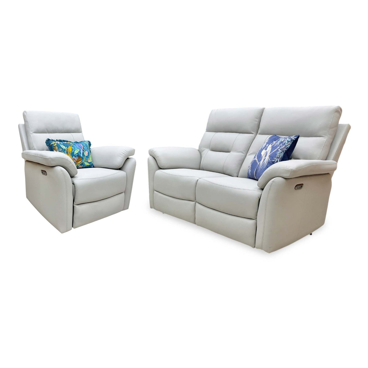 Sally light grey leather armchair and 2 seater sofa upright, angled view from the left showing the arm controls