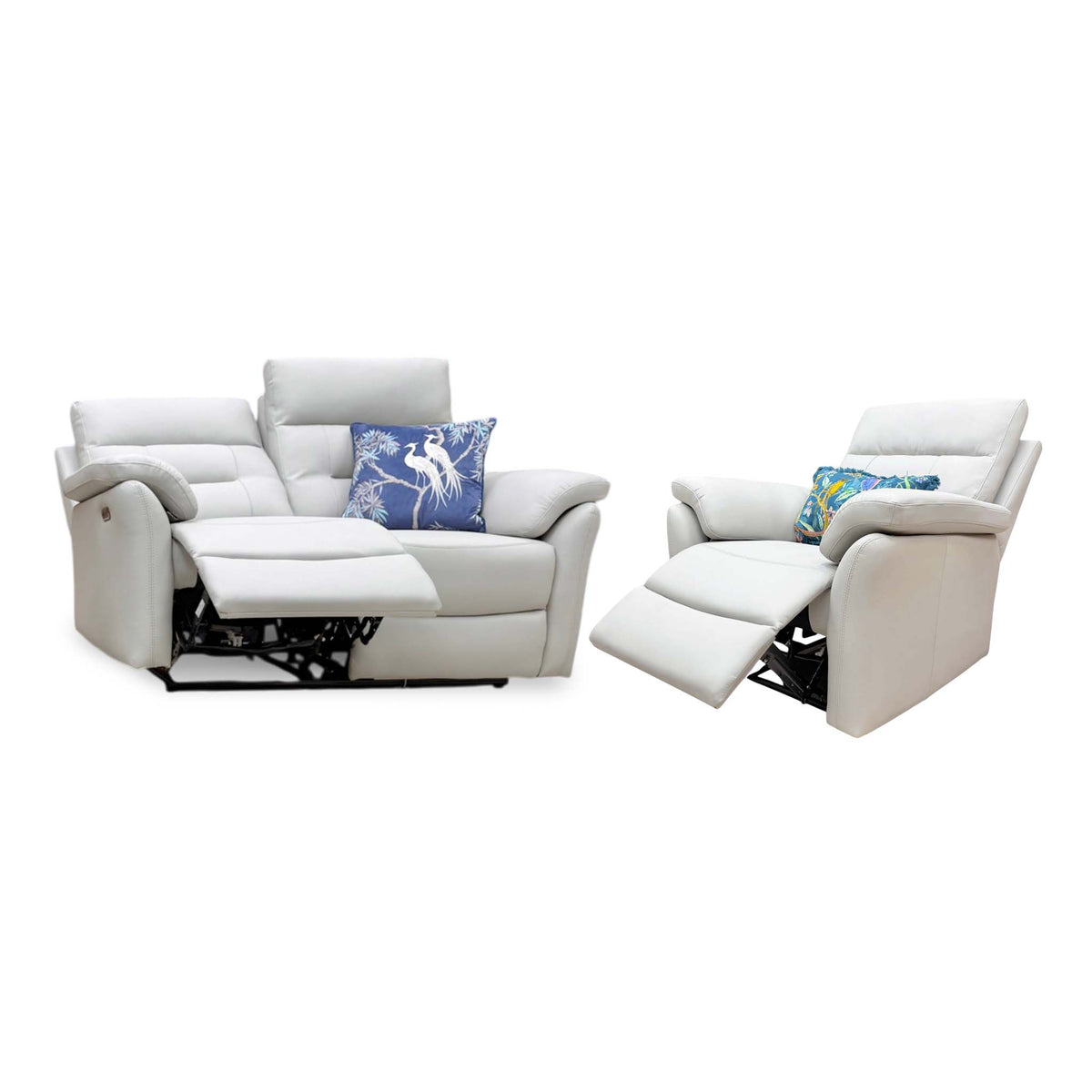 Sally light grey leather 2 seater sofa and armchair power recliner set, angled view with both footrests raised