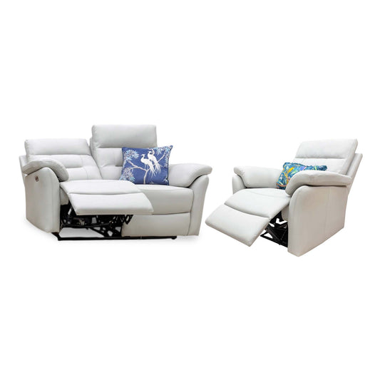 Sally light grey leather 2 seater sofa and armchair power recliner set, angled view with both footrests raised