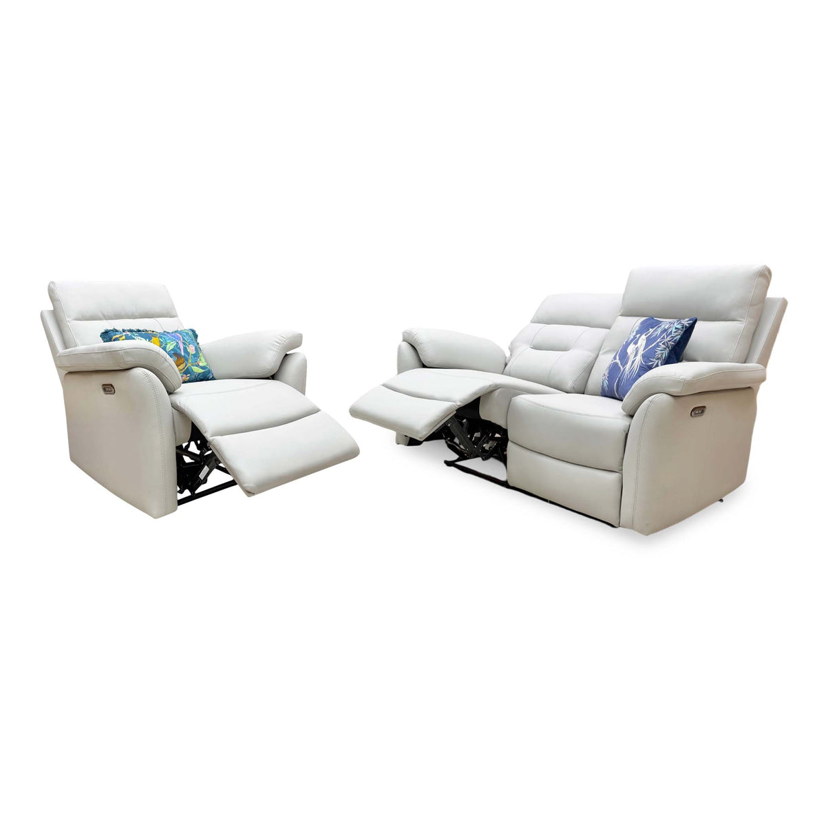 Sally light grey leather armchair and 2 seater sofa with both power recliners extended, angled view from the left