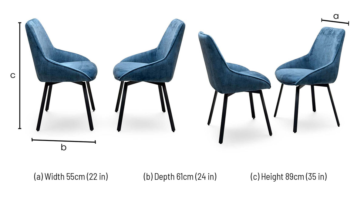 'Veja' Blue Velvet Fabric Pair of Swivel Dining Chairs