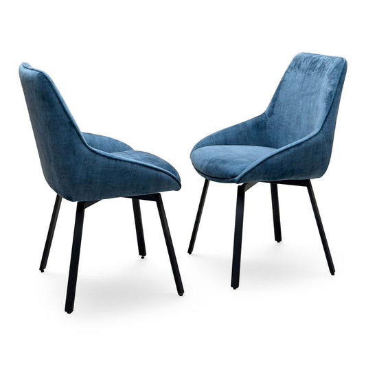 'Veja' Blue Velvet Fabric Pair of Swivel Dining Chairs