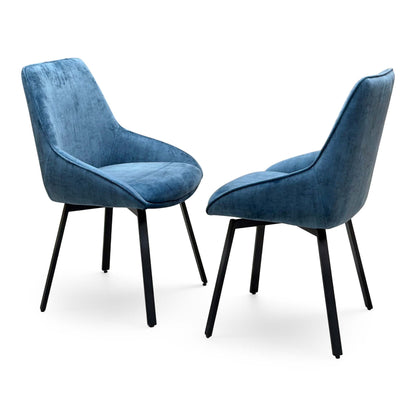 'Veja' Blue Velvet Fabric Pair of Swivel Dining Chairs