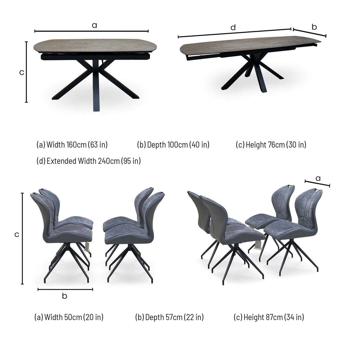 Raul dining set dimensions: table width 160cm, extended 240cm, depth 100cm, height 76cm; chairs 50cm wide, 87cm high