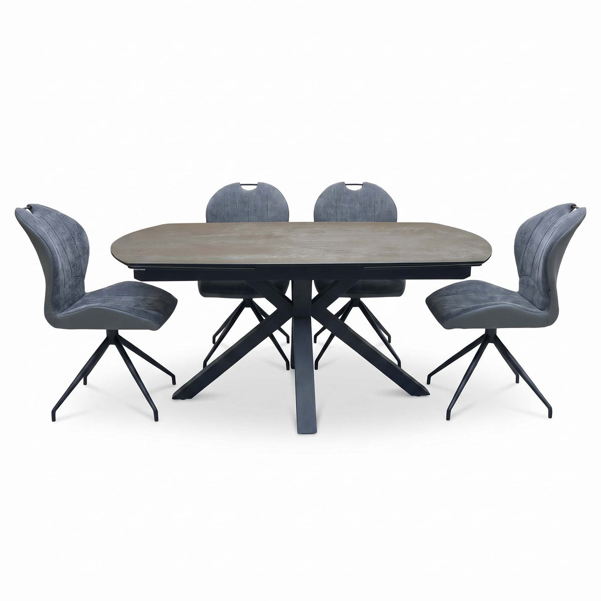 Front view of the Raul titanium grey ceramic dining table closed at 160cm with the 4 grey swivel chairs