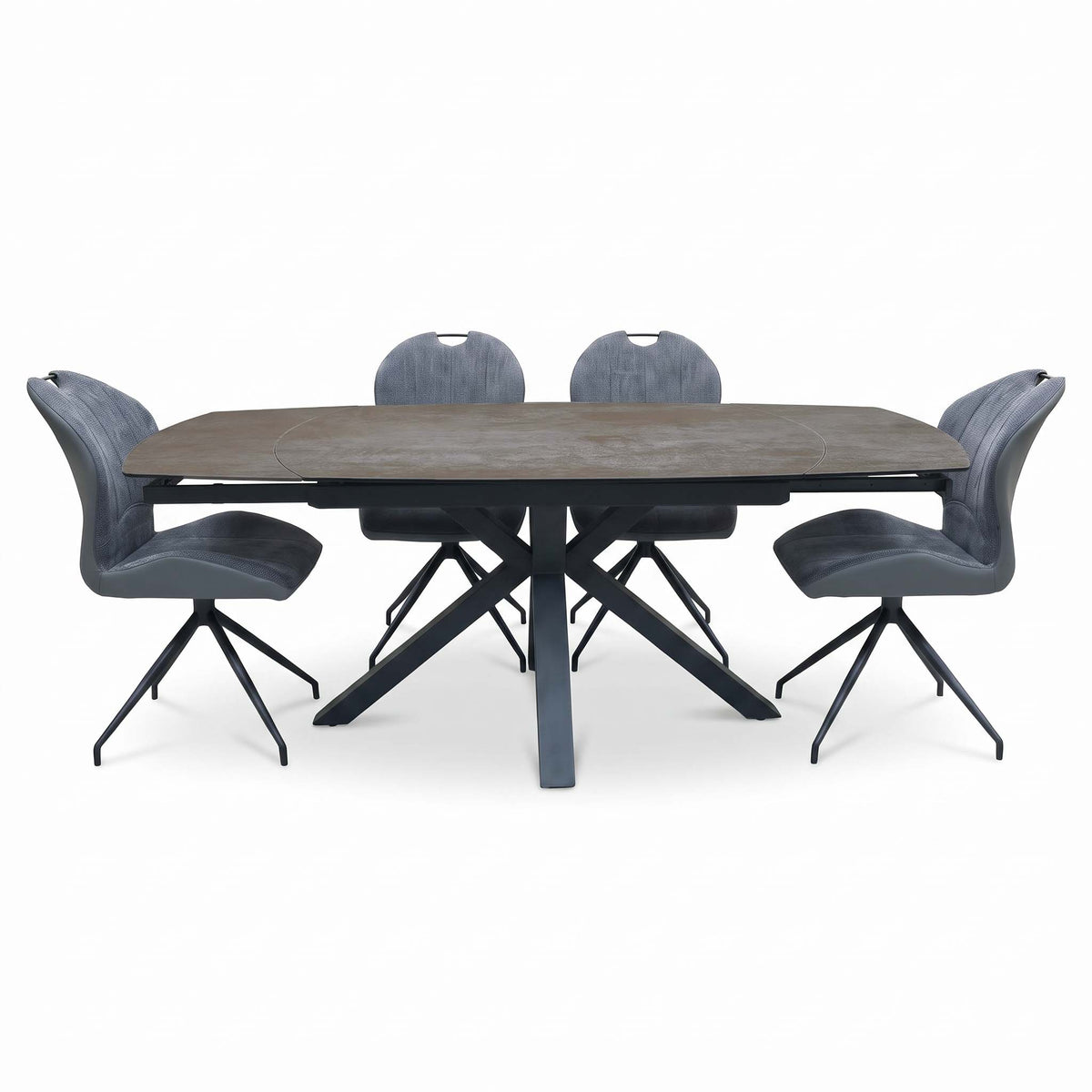 Front view of the Raul titanium grey ceramic dining table extended, with the set of 4 grey swivel chairs