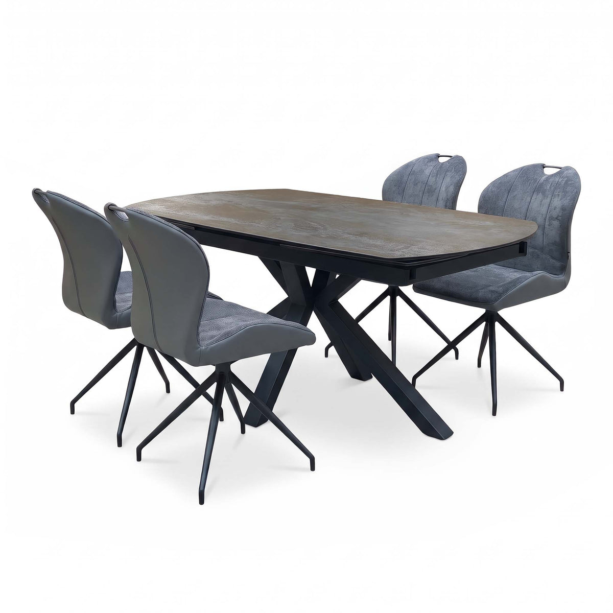 Raul titanium grey ceramic dining table and 4 swivel chairs, angled from the right with the table closed
