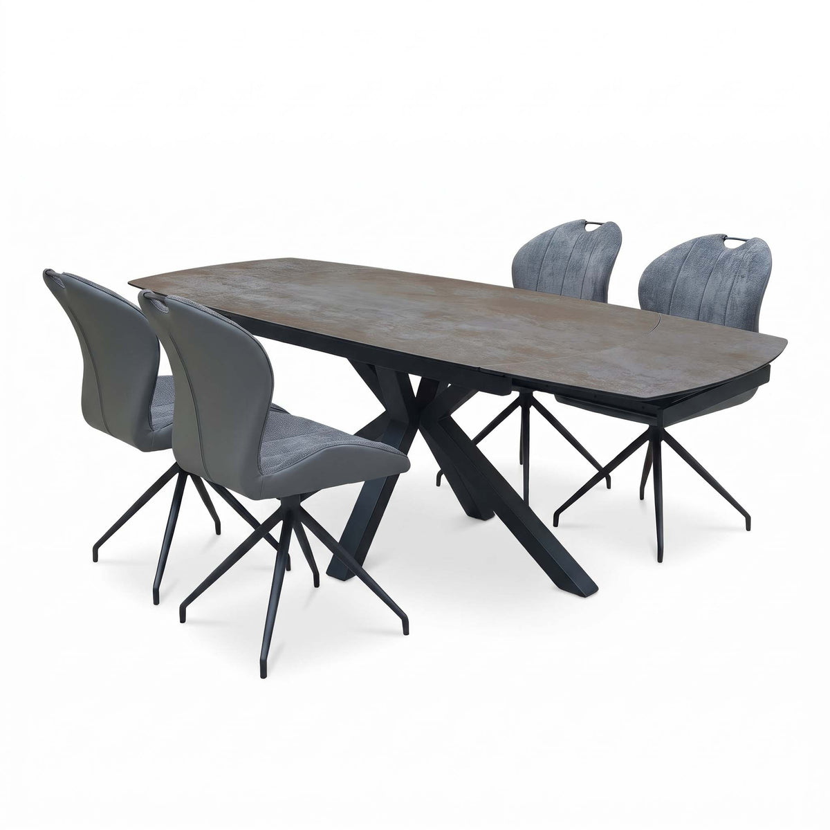 Raul titanium grey ceramic dining table and 4 swivel chairs, angled from the right with the table extended