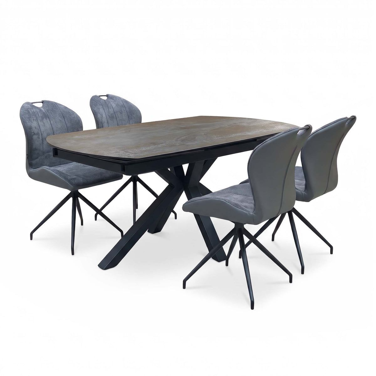 Raul titanium grey ceramic 160cm dining table with 4 swivel chairs, angled from the left with the table closed