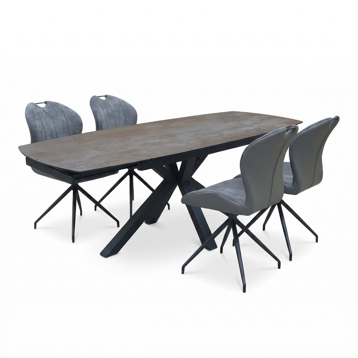 Raul titanium grey ceramic extending dining table and 4 swivel chairs, angled view with the table extended