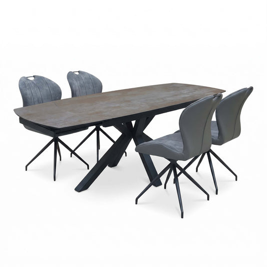 'Raul' Titanium Grey Ceramic Top 160cm Swivel Extending Dining Table with  Set of 4 Swivel Dining Chairs