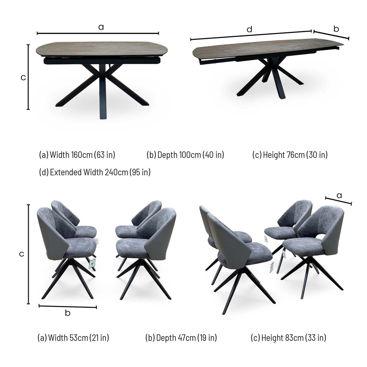 Raul dining set dimensions: table 160cm extending to 240cm, 100cm deep, 76cm high; chairs 53 x 47 x 83cm