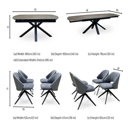 Raul dining set dimensions: table 160cm extending to 240cm, 100cm deep, 76cm high; chairs 53 x 47 x 83cm