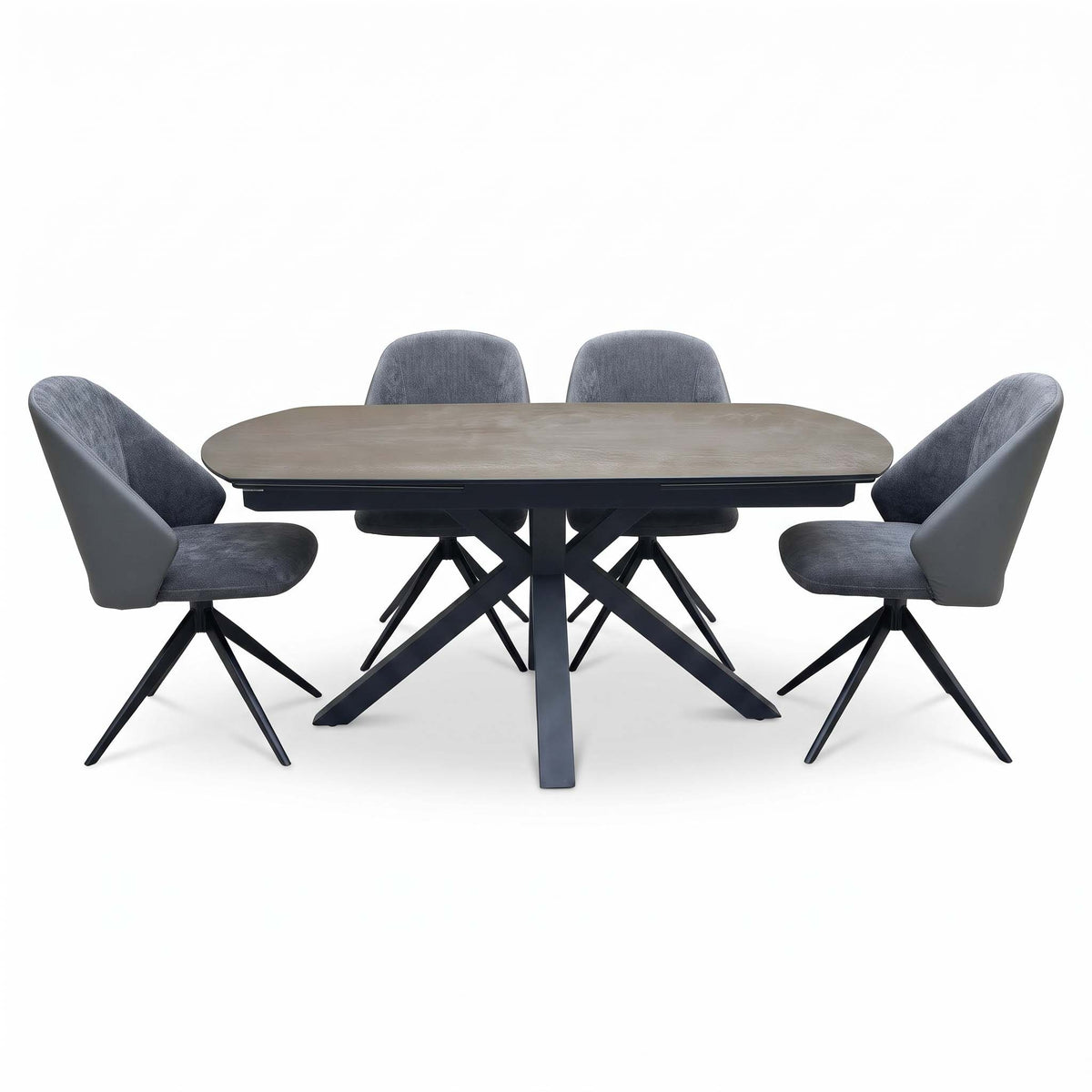 Front view of the Raul grey ceramic 160cm dining table closed, with 4 grey swivel dining arm chairs