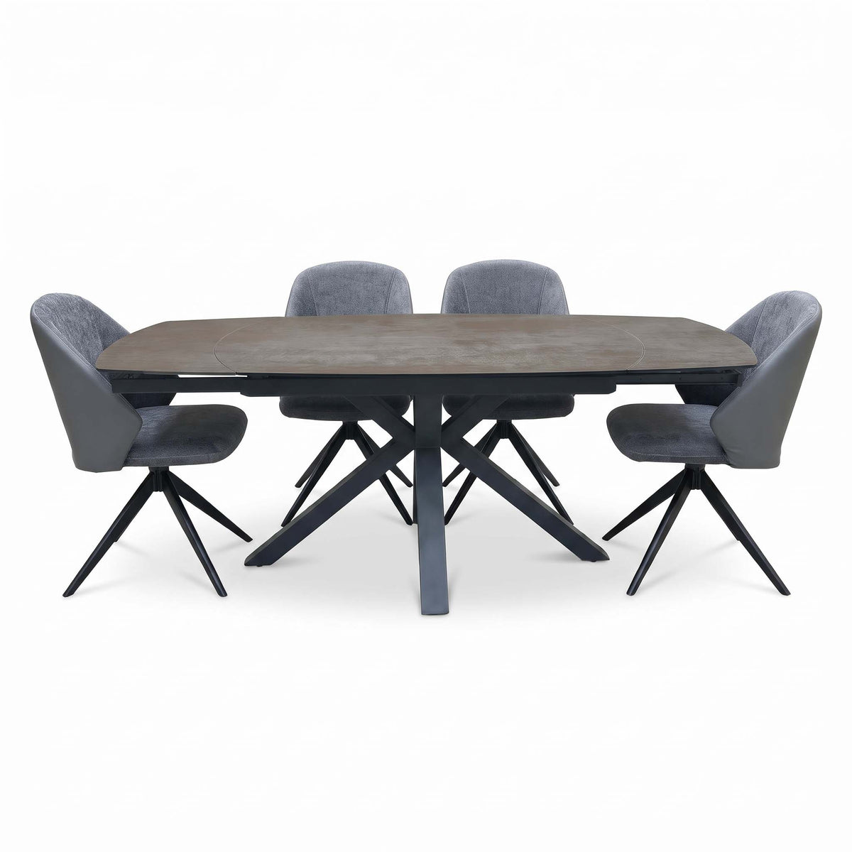 Front view of the Raul grey ceramic dining table extended, with 4 grey faux leather swivel dining chairs