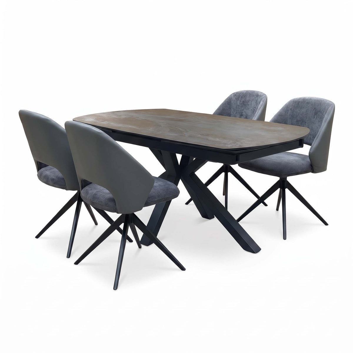 Raul grey ceramic 160cm dining table closed with 4 swivel chairs, side angle showing the curved chair backs