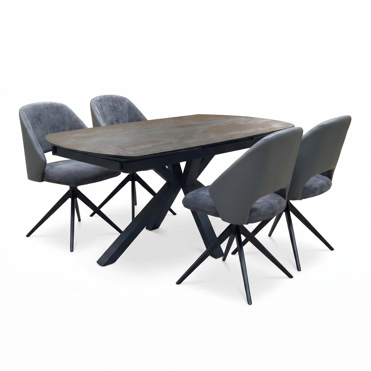 Raul grey ceramic 160cm dining table closed with 4 grey swivel dining arm chairs, angled from the front