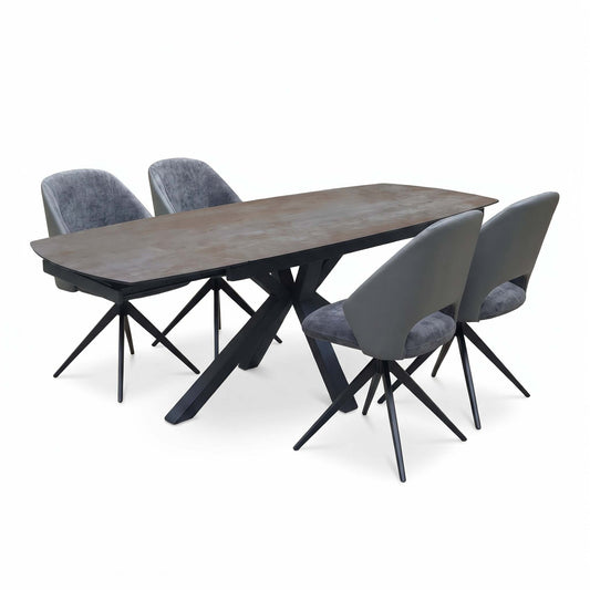 'Raul' Titanium Grey Ceramic Top 160cm Swivel Extending Dining Table with Faux Leather Set of 4 Swivel Dining Arm Chairs