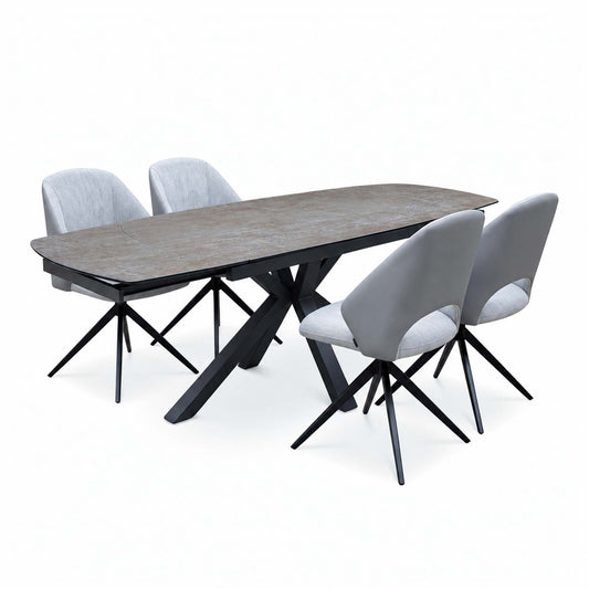 'Raul' Titanium Grey Ceramic Top 160cm Swivel Extending Dining Table with Set of 4 Swivel Dining Chairs