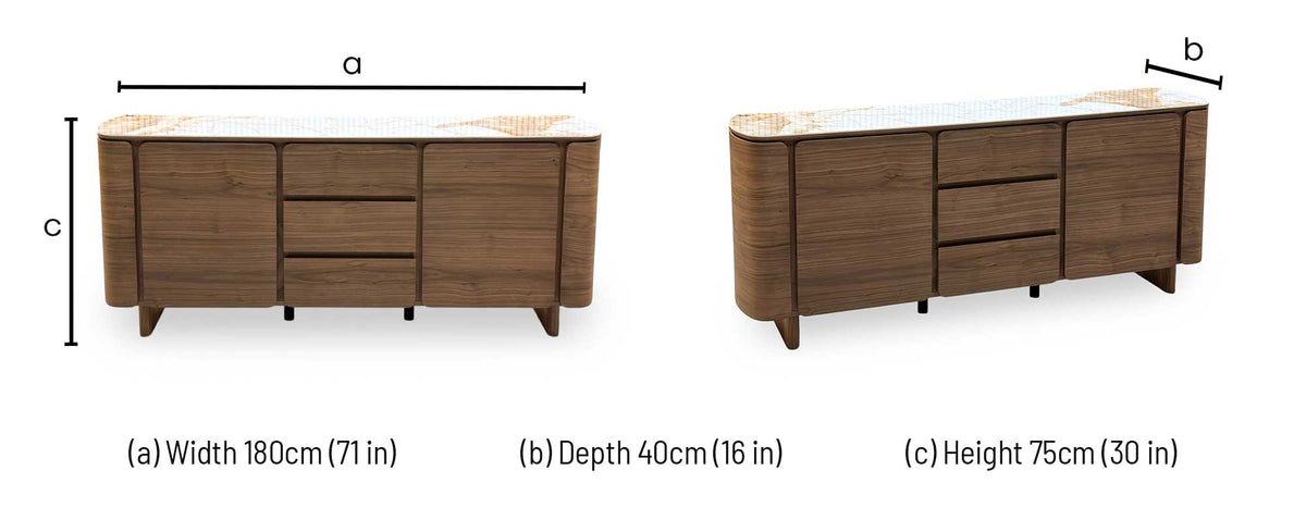 Mekong marble effect ceramic top sideboard dimensions: width 180cm, depth 40cm, height 75cm