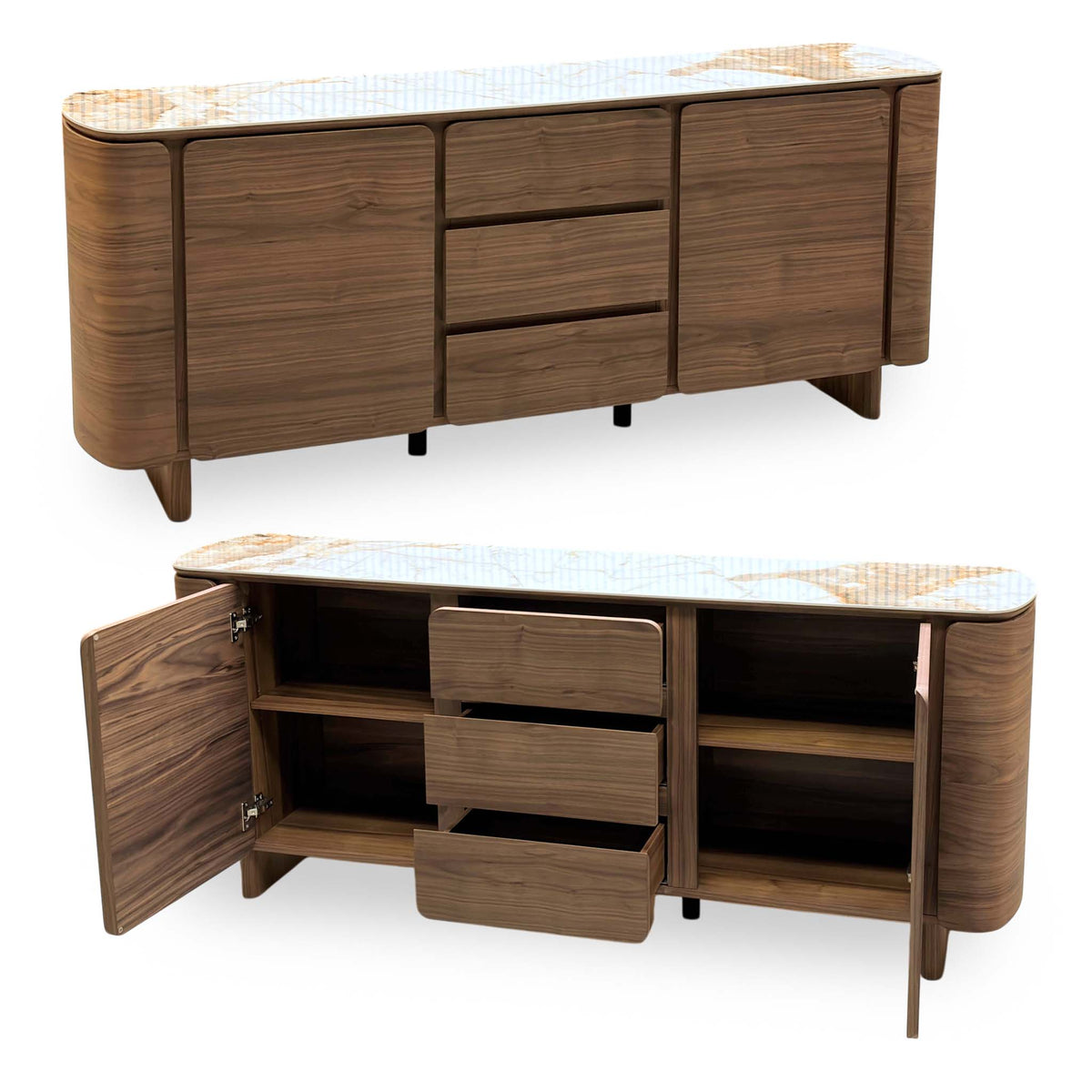 Mekong marble effect ceramic top 2 door 3 drawer sideboard shown closed above and open below with drawers pulled out
