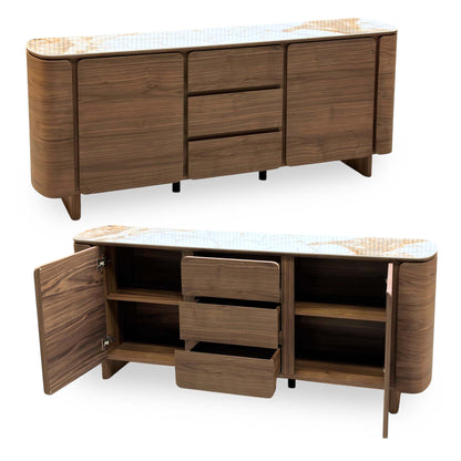 Mekong marble effect ceramic top 2 door 3 drawer sideboard shown closed above and open below with drawers pulled out
