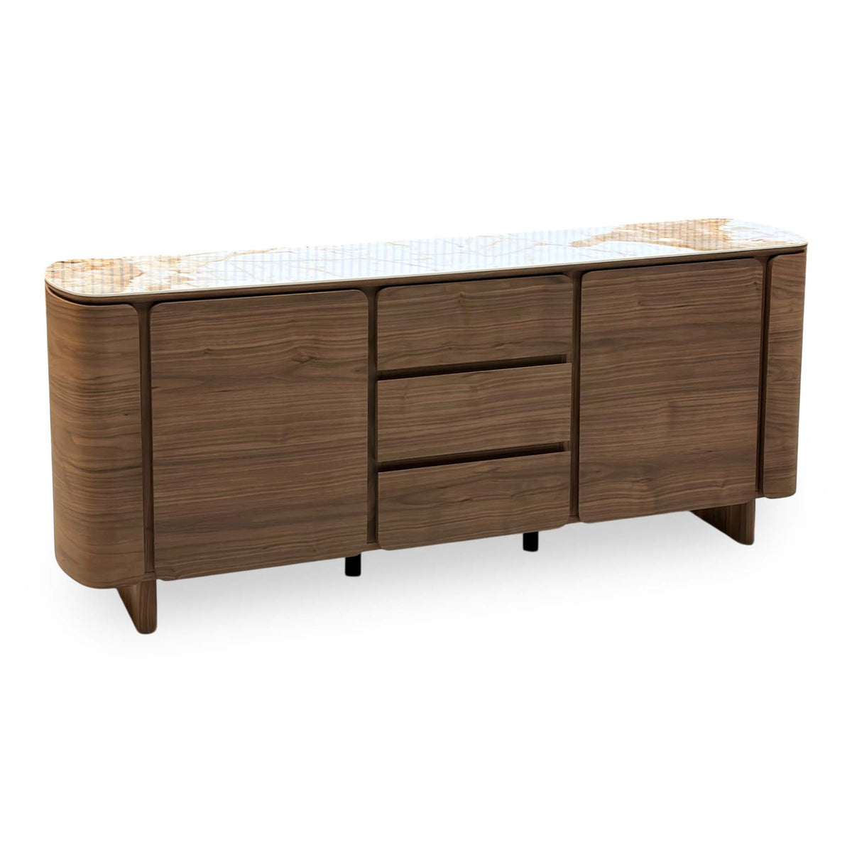 Mekong marble effect ceramic top 2 door 3 drawer sideboard closed, angled from the left on short wooden feet