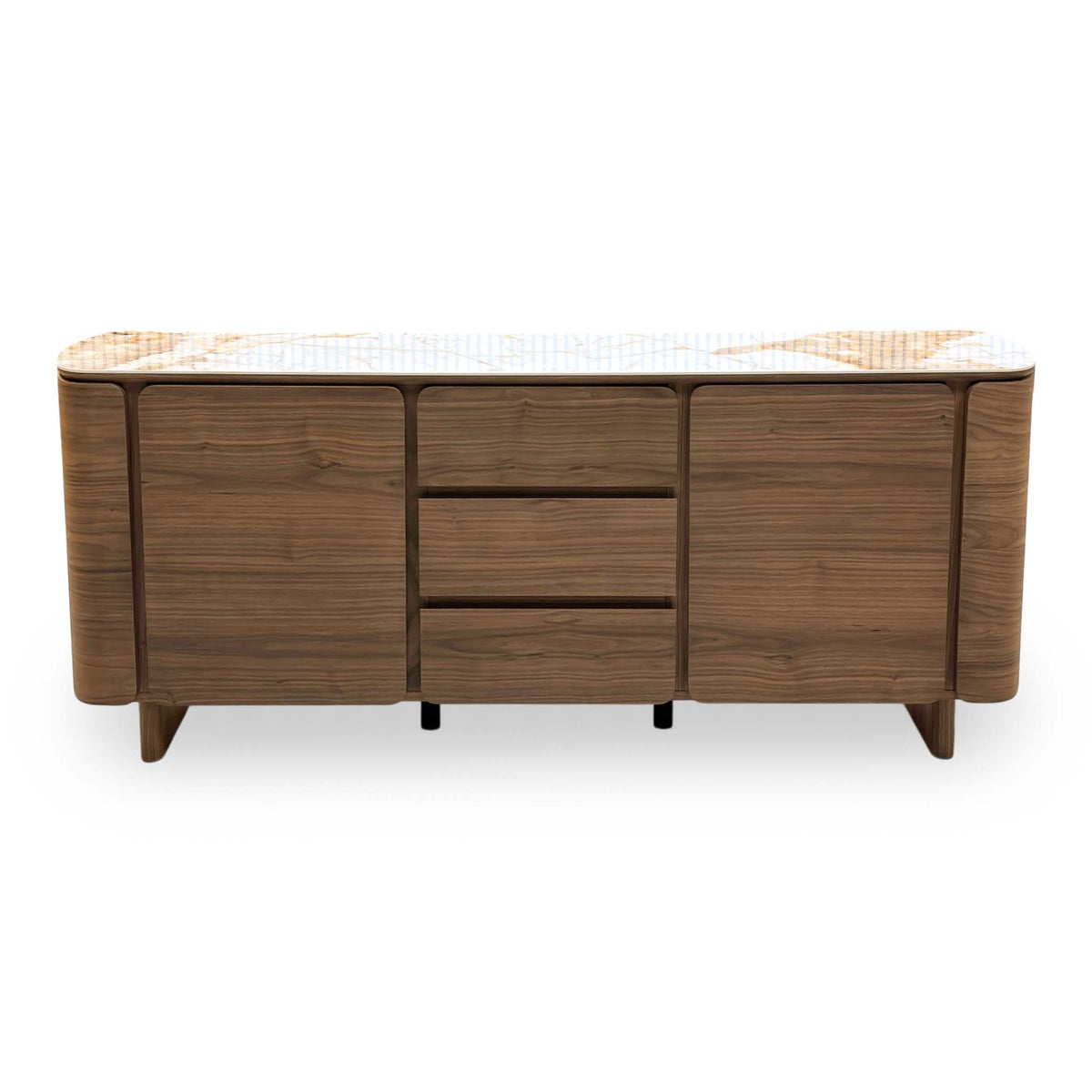 Front view of the Mekong marble effect ceramic top sideboard closed, two doors flanking three central drawers