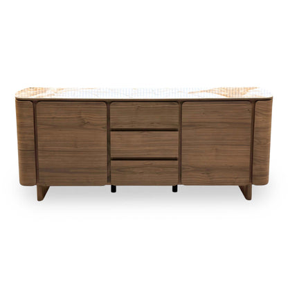 Front view of the Mekong marble effect ceramic top sideboard closed, two doors flanking three central drawers
