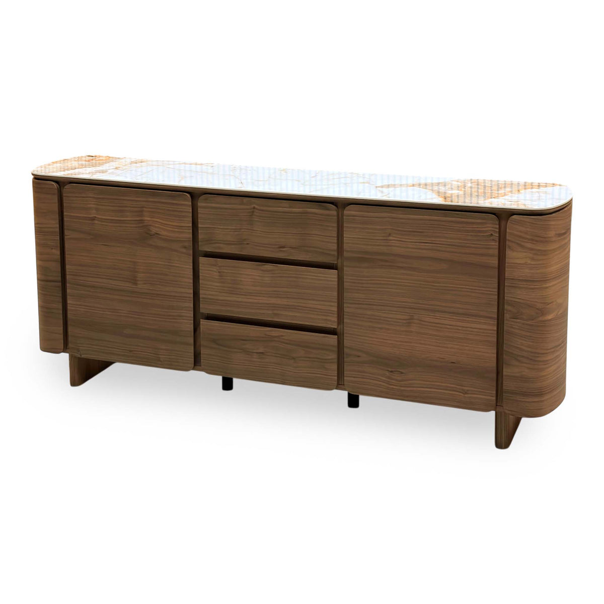 Mekong marble effect ceramic top sideboard closed, angled from the right showing the curved wooden end